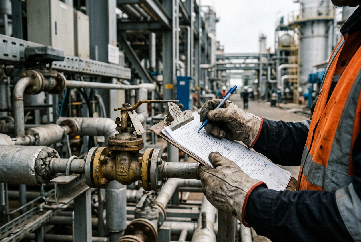 Worker in an orange hi-vis vest marking a checklist while inspecting a valve on a steel pipe rack