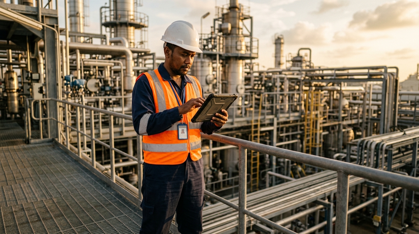 Site supervisor reviewing a tablet on a plant walkway at golden hour