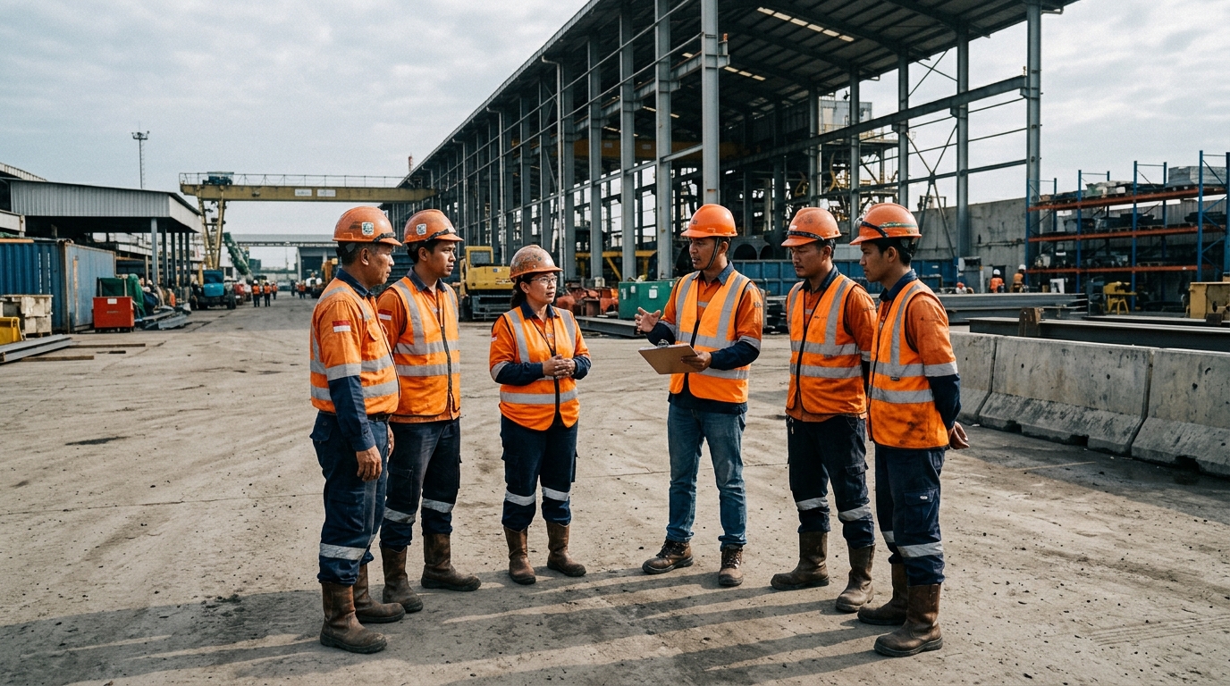 Morning toolbox talk at an industrial site, crew in hi-vis vests listening to a supervisor